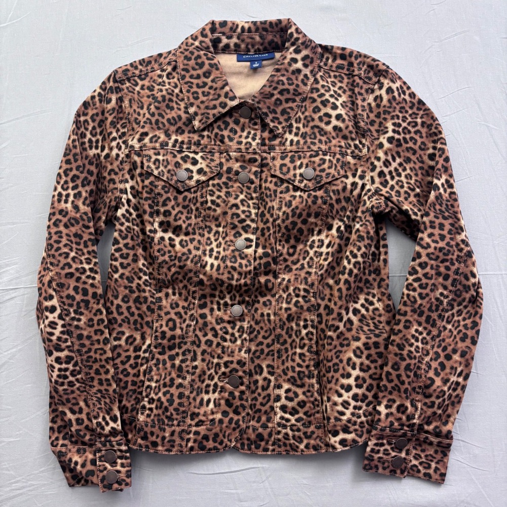 Charter Club Womens Leopard Print Denim Trucker Jacket Brown Animal Print Size S